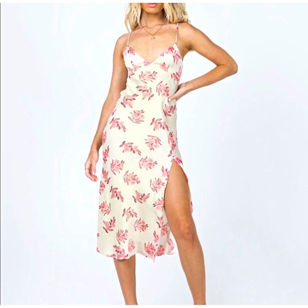 Princess Polly Floral Slip Midi Dress Size 8 Ivory/Pink V Neck Open Back Slit